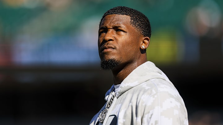 Nov 3, 2024; Cincinnati, Ohio, USA; Cincinnati Bengals wide receiver Tee Higgins (5) stands on the field during warmups before the game against the Las Vegas Raiders at Paycor Stadium. Mandatory Credit: Katie Stratman-Imagn Images