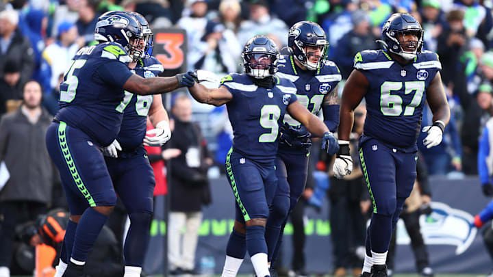 Jan 25, 2026; Seattle, WA, USA; Seattle Seahawks running back Kenneth Walker III (9) celebrates after running for a touchdown in the first half against the Los Angeles Rams in the 2026 NFC Championship Game at Lumen Field. Mandatory Credit: Kevin Ng-Imagn Images