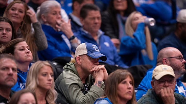 Sad Kentucky fans watch their Wildcats play against the Gonzaga Bulldogs during their game at Bridgestone Arena in Nashville Friday, Dec. 5, 2025. Kentucky lost 94-59 to Gonzaga.