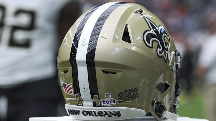 Oct 15, 2023; Houston, Texas, USA; View of a Crucial Catch logo on the helmet of New Orleans Saints defensive end Cameron Jordan (94) before the game against the Houston Texans at NRG Stadium. Mandatory Credit: Troy Taormina-Imagn Images