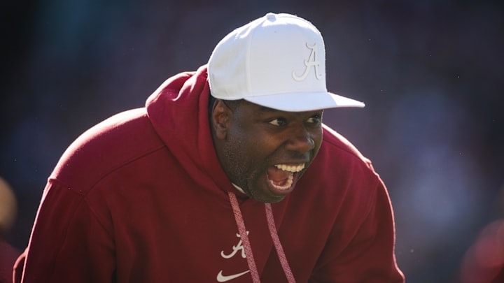 Nov 30, 2024; Tuscaloosa, Alabama, USA; Alabama Crimson Tide Assistant Head Coach JaMarcus Shephard during warm ups before a game against the Auburn Tigers at Bryant-Denny Stadium. Nov 30, 2024; Tuscaloosa, Alabama, USA; Alabama Crimson Tide Assistant Head Coach JaMarcus Shephard during warm ups before a game against the Auburn Tigers at Bryant-Denny Stadium.