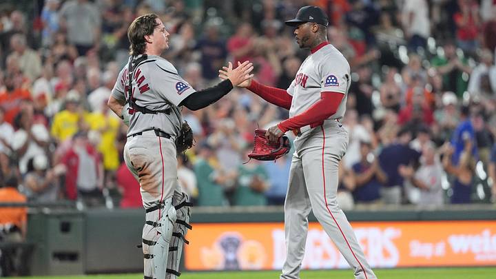 Sep 3, 2026; Baltimore, Maryland, USA; Boston Red Sox catcher Adley Rutschman (31) and Boston Red Sox pitcher Aroldis Chapman (44) celebrate the victory against the Baltimore Orioles after the ninth inning at Oriole Park at Camden Yards. Mandatory Credit: Gregory Fisher-Imagn Images Sep 3, 2026; Baltimore, Maryland, USA; Boston Red Sox catcher Adley Rutschman (31) and Boston Red Sox pitcher Aroldis Chapman (44) celebrate the victory against the Baltimore Orioles after the ninth inning at Oriole Park at Camden Yards. Mandatory Credit: Gregory Fisher-Imagn Images