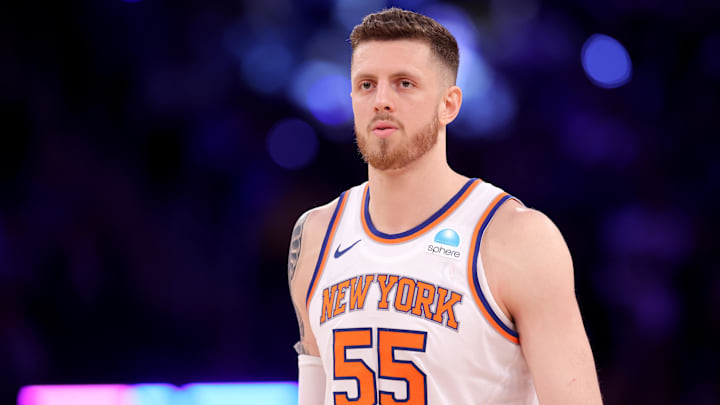 May 19, 2024; New York, New York, USA; New York Knicks center Isaiah Hartenstein (55) reacts during the third quarter of game seven of the second round of the 2024 NBA playoffs against the Indiana Pacers at Madison Square Garden. Mandatory Credit: Brad Penner-USA TODAY Sports