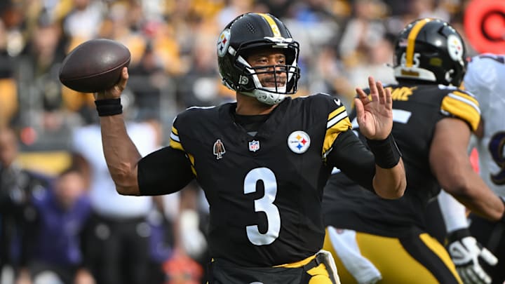 Nov 17, 2024; Pittsburgh, Pennsylvania, USA; Pittsburgh Steelers quarterback Russell Wilson (3) throws a pass against the Baltimore Ravens during the first quarter at Acrisure Stadium. Mandatory Credit: Barry Reeger-Imagn Images