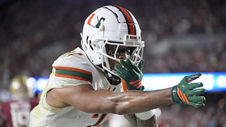 Oct 4, 2025; Tallahassee, Florida, USA; Miami Hurricanes wide receiver CJ Daniels (7) celebrates after a touchdown during the first half against the Florida State Seminoles at Doak S. Campbell Stadium. Mandatory Credit: Melina Myers-Imagn Images Oct 4, 2025; Tallahassee, Florida, USA; Miami Hurricanes wide receiver CJ Daniels (7) celebrates after a touchdown during the first half against the Florida State Seminoles at Doak S. Campbell Stadium. Mandatory Credit: Melina Myers-Imagn Images
