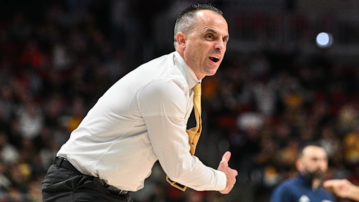 Dec 20, 2025; Iowa City, Iowa, USA; Iowa Hawkeyes head coach Ben McCollum reacts against the Bucknell Bison during the second half at Casey’s Center. Mandatory Credit: Jeffrey Becker-Imagn Images