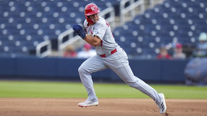 Mar 5, 2025; West Palm Beach, Florida, USA; St. Louis Cardinals left feilder JJ Wetherholt (87) runs to second base against the Houston Astros during the second inning at CACTI Park of the Palm Beaches. Mandatory Credit: Rich Storry-Imagn Images
