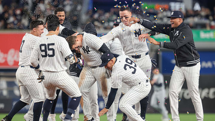 May 3, 2024; Bronx, New York, USA; New York Yankees first baseman Anthony Rizzo (48) celebrates with teammates after defeating the Detroit Tigers at Yankee Stadium. Mandatory Credit: Vincent Carchietta-Imagn Images May 3, 2024; Bronx, New York, USA; New York Yankees first baseman Anthony Rizzo (48) celebrates with teammates after defeating the Detroit Tigers at Yankee Stadium. Mandatory Credit: Vincent Carchietta-Imagn Images