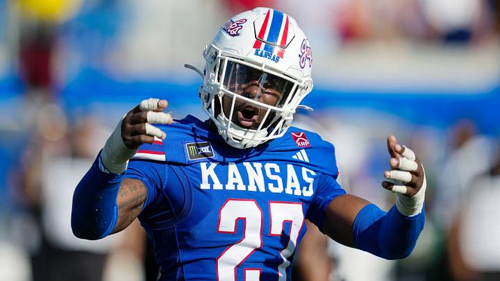 Oct 24, 2026; Lawrence, Kansas, USA; Kansas Jayhawks safety Taylor Davis (27) celebrates during the second half against the Baylor Bears at David Booth Kansas Memorial Stadium. Mandatory Credit: Jay Biggerstaff-Imagn Images Oct 24, 2026; Lawrence, Kansas, USA; Kansas Jayhawks safety Taylor Davis (27) celebrates during the second half against the Baylor Bears at David Booth Kansas Memorial Stadium. Mandatory Credit: Jay Biggerstaff-Imagn Images