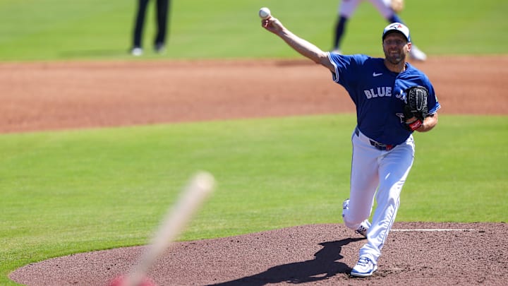 Dunedin, Florida, USA; Toronto Blue Jays pitcher Max Scherzer (31) throws a pitch against the Philadelphia Phillies in the second inning during spring training at TD Ballpark.