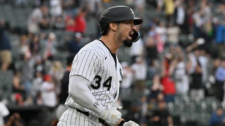 Jun 24, 2026; Chicago, Illinois, USA; Chicago White Sox outfielder Randal Grichuk (34) reacts after hitting a home run against the Cleveland Guardians during the ninth inning at Rate Field. Mandatory Credit: Patrick Gorski-Imagn Images