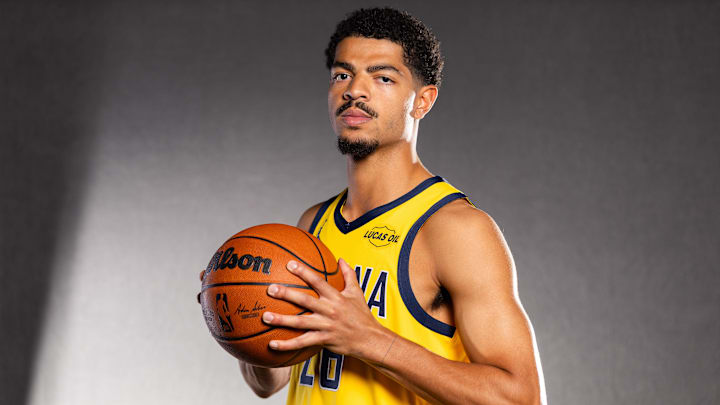 Indiana Pacers guard Ben Sheppard (26) poses for a photo during media day.