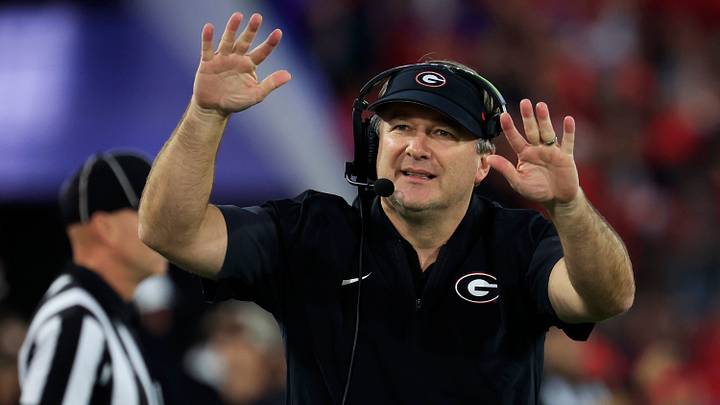 Georgia Bulldogs head coach Kirby Smart tells the students section to calm down during the fourth quarter of an NCAA football game, Saturday, Nov. 1, 2025, at EverBank Stadium in Jacksonville, Fla. Georgia held off Florida 24-20. [Corey Perrine/Florida Times-Union]