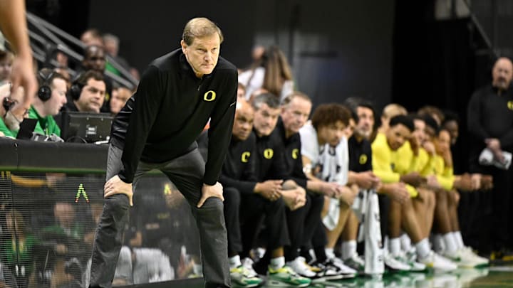 Oregon Ducks head coach Dana Altman watches the game action during the first half against the Purdue Boilermakers