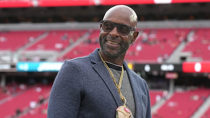 Sep 28, 2025; Santa Clara, California, USA; San Francisco 49ers former wide receiver Jerry Rice before the game against the Jacksonville Jaguars at Levi's Stadium. Mandatory Credit: Darren Yamashita-Imagn Images Sep 28, 2025; Santa Clara, California, USA; San Francisco 49ers former wide receiver Jerry Rice before the game against the Jacksonville Jaguars at Levi's Stadium. Mandatory Credit: Darren Yamashita-Imagn Images