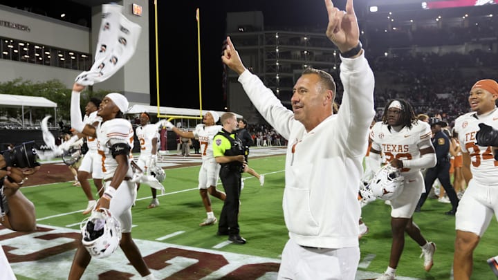 Oct 25, 2025; Starkville, Mississippi, USA; Texas Longhorns head coach Steve Sarkisian reacts after beating the Mississippi State Bulldogs in overtime at Davis Wade Stadium at Scott Field. Mandatory Credit: Petre Thomas-Imagn Images Oct 25, 2025; Starkville, Mississippi, USA; Texas Longhorns head coach Steve Sarkisian reacts after beating the Mississippi State Bulldogs in overtime at Davis Wade Stadium at Scott Field. Mandatory Credit: Petre Thomas-Imagn Images