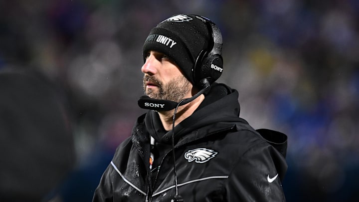 Dec 28, 2025; Orchard Park, New York, USA; Philadelphia Eagles head coach Nick Sirianni looks on against the Buffalo Bills during the second quarter at Highmark Stadium. Mandatory Credit: Mark Konezny-Imagn Images