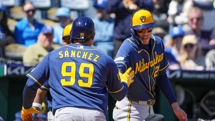 Apr 5, 2026; Kansas City, Missouri, USA; Milwaukee Brewers first baseman Gary Sánchez (99) celebrates with right fielder Luis Matos (21) against the Kansas City Royals after hitting a two run home run in the first inning at Kauffman Stadium. Mandatory Credit: Denny Medley-Imagn Images Apr 5, 2026; Kansas City, Missouri, USA; Milwaukee Brewers first baseman Gary Sánchez (99) celebrates with right fielder Luis Matos (21) against the Kansas City Royals after hitting a two run home run in the first inning at Kauffman Stadium. Mandatory Credit: Denny Medley-Imagn Images