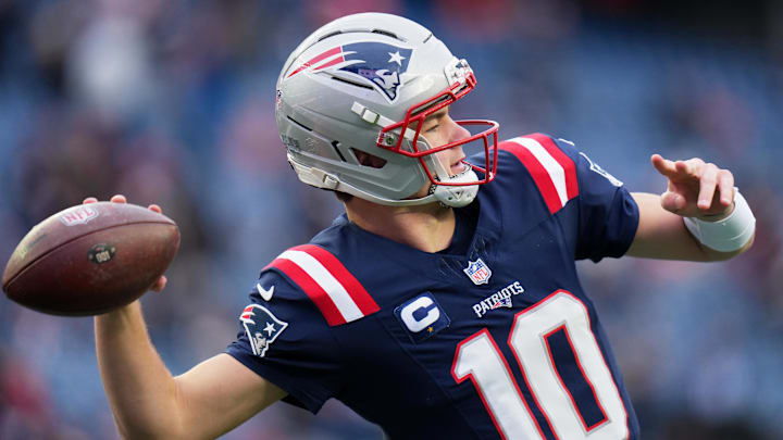 Jan 4, 2026; Foxborough, Massachusetts, USA; New England Patriots quarterback Drake Maye (10) throws a pass before the game against the Miami Dolphins at Gillette Stadium. Mandatory Credit: David Butler II-Imagn Images