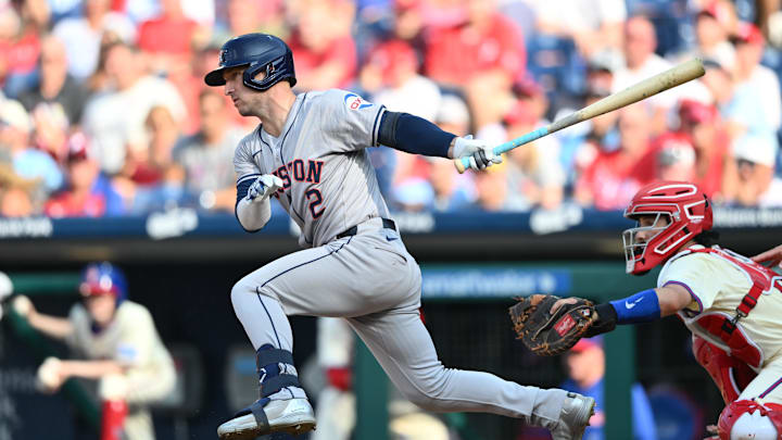 Aug 28, 2024; Philadelphia, Pennsylvania, USA; Houston Astros infielder Alex Bregman (2) hits a single against the Philadelphia Phillies in the third inning at Citizens Bank Park. Mandatory Credit: Kyle Ross-Imagn Images Aug 28, 2024; Philadelphia, Pennsylvania, USA; Houston Astros infielder Alex Bregman (2) hits a single against the Philadelphia Phillies in the third inning at Citizens Bank Park. Mandatory Credit: Kyle Ross-Imagn Images