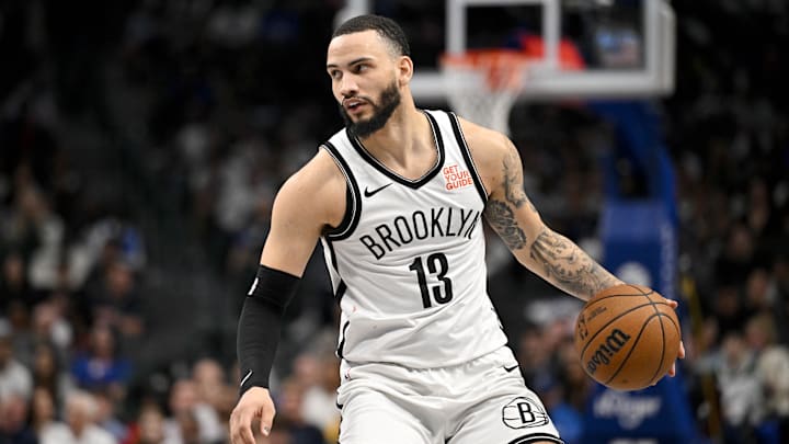 Mar 31, 2025; Dallas, Texas, USA; Brooklyn Nets guard Tyrese Martin (13) in action during the game between the Dallas Mavericks and the Brooklyn Nets at the American Airlines Center. Mandatory Credit: Jerome Miron-Imagn Images