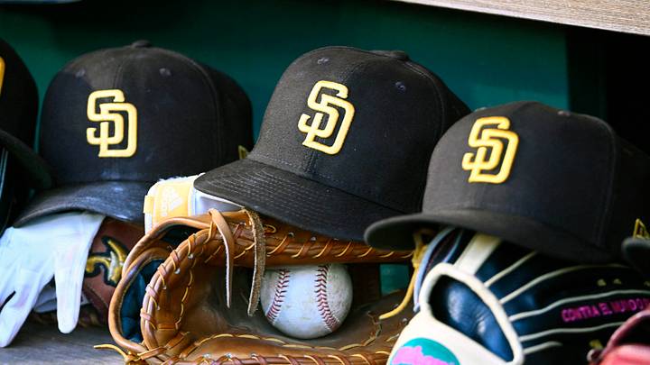 May 24, 2023; Washington, District of Columbia, USA; San Diego Padres hats in the dugout during the game against the Washington Nationals at Nationals Park. Mandatory Credit: Brad Mills-USA TODAY Sports