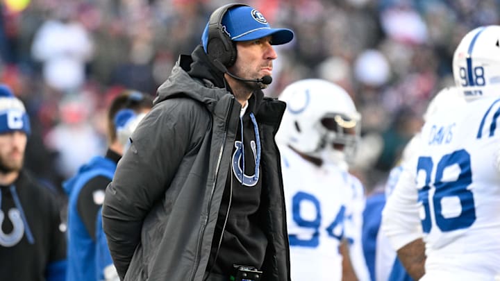Dec 1, 2024; Foxborough, Massachusetts, USA; Indianapolis Colts head coach Shane Steichen looks on during the first half against the New England Patriots at Gillette Stadium. Mandatory Credit: Eric Canha-Imagn Images