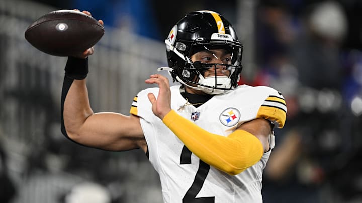 Jan 11, 2025; Baltimore, Maryland, USA; Pittsburgh Steelers quarterback Justin Fields (2) warms up before an AFC wild card game against the Baltimore Ravens at M&T Bank Stadium. Mandatory Credit: Tommy Gilligan-Imagn Images