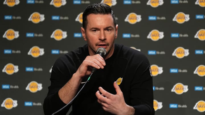 Jan 25, 2025; San Francisco, California, USA; Los Angeles Lakers head coach JJ Redick talks to media members after defeating the Golden State Warriors at Chase Center. Mandatory Credit: Darren Yamashita-Imagn Images Jan 25, 2025; San Francisco, California, USA; Los Angeles Lakers head coach JJ Redick talks to media members after defeating the Golden State Warriors at Chase Center. Mandatory Credit: Darren Yamashita-Imagn Images