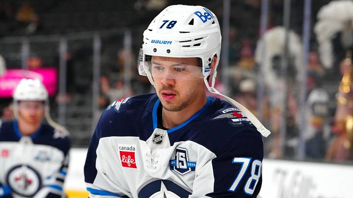 Apr 13, 2026; Las Vegas, Nevada, USA; Winnipeg Jets defenseman Jacob Bryson (78) warms up before the start of a game against the Vegas Golden Knights at T-Mobile Arena. Mandatory Credit: Stephen R. Sylvanie-Imagn Images