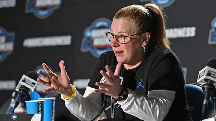 Mar 27, 2025; Spokane, WA, USA; UCLA Bruins head coach Cori Close talks with media during an NCAA Tournament practice session at Spokane Arena. Mandatory Credit: James Snook-Imagn Images Mar 27, 2025; Spokane, WA, USA; UCLA Bruins head coach Cori Close talks with media during an NCAA Tournament practice session at Spokane Arena. Mandatory Credit: James Snook-Imagn Images