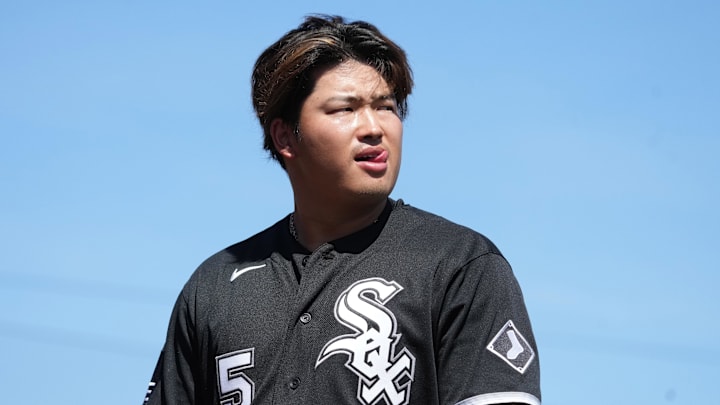 Mar 17, 2026; Phoenix, Arizona, USA; Chicago White Sox third baseman Munetaka Murakami (5) reacts against the Athletics in the second inning at Camelback Ranch-Glendale. Mandatory Credit: Rick Scuteri-Imagn Images Mar 17, 2026; Phoenix, Arizona, USA; Chicago White Sox third baseman Munetaka Murakami (5) reacts against the Athletics in the second inning at Camelback Ranch-Glendale. Mandatory Credit: Rick Scuteri-Imagn Images