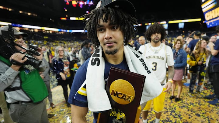 Apr 6, 2026; Indianapolis, IN, USA; Michigan Wolverines guard Elliot Cadeau (3) celebrates. Apr 6, 2026; Indianapolis, IN, USA; Michigan Wolverines guard Elliot Cadeau (3) celebrates.