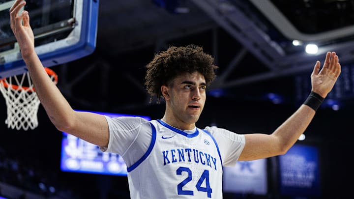 Jan 10, 2026; Lexington, Kentucky, USA; Kentucky Wildcats center Malachi Moreno (24) motions for the crowd to cheer during the first half against the Mississippi State Bulldogs at Rupp Arena at Central Bank Center. Mandatory Credit: Jordan Prather-Imagn Images
