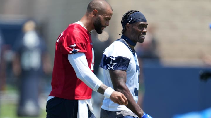 Jul 29, 2023; Oxnard, CA, USA; Dallas Cowboys quarterback Dak Prescott (4) and wide receiver Brandin