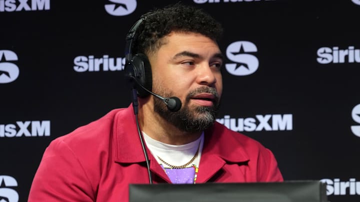 Pittsburgh Steelers defensive tackle Cam Heyward on the SportsGrid SiriusXM radio set on radio row at the Super Bowl 58 Media Center at the Mandalay Bay resort and spa. 
