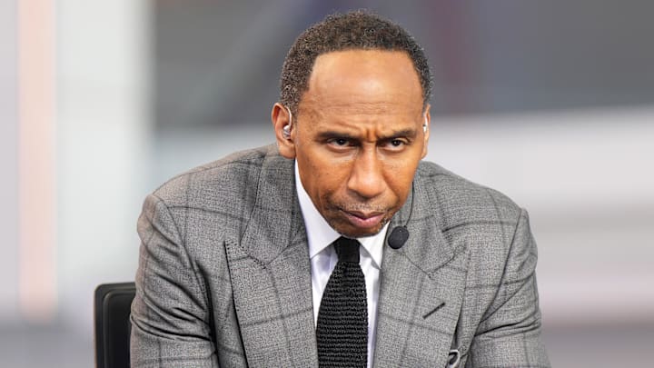 Oct 23, 2024; Inglewood, California, USA; Stephen A. Smith (Stephen Smith) on the ESPN NBA Countdown live set at Intuit Dome. Mandatory Credit: Kirby Lee-Imagn Images