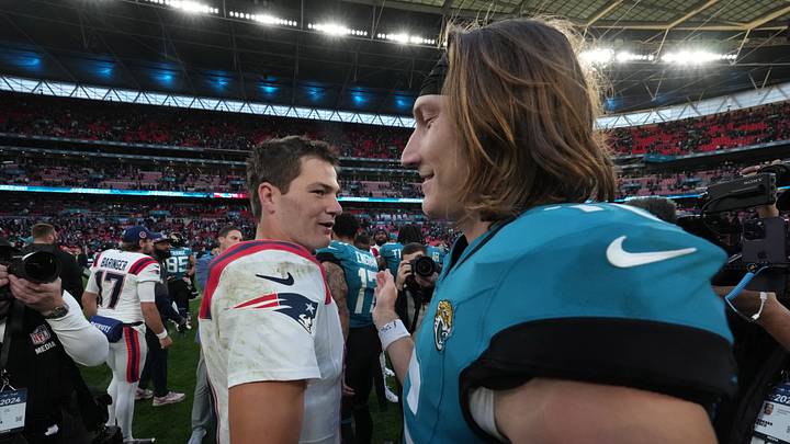 Oct 20, 2024; London, United Kingdom; New England Patriots quarterback Drake Maye (10) and Jacksonville Jaguars quarterback Trevor Lawrence (16) shake hands after an NFL International Series game at Wembley Stadium. Mandatory Credit: Kirby Lee-Imagn Images Oct 20, 2024; London, United Kingdom; New England Patriots quarterback Drake Maye (10) and Jacksonville Jaguars quarterback Trevor Lawrence (16) shake hands after an NFL International Series game at Wembley Stadium. Mandatory Credit: Kirby Lee-Imagn Images