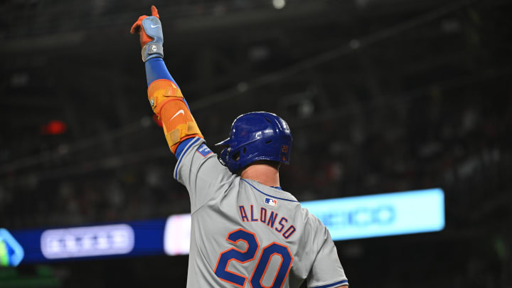 Jul 1, 2024; Washington, District of Columbia, USA; New York Mets first baseman Pete Alonso (20) reacts after a three run home run by designated hitter J.D. Martinez (28) (not pictured) against the Washington Nationals during the tenth inning at Nationals Park. Jul 1, 2024; Washington, District of Columbia, USA; New York Mets first baseman Pete Alonso (20) reacts after a three run home run by designated hitter J.D. Martinez (28) (not pictured) against the Washington Nationals during the tenth inning at Nationals Park.