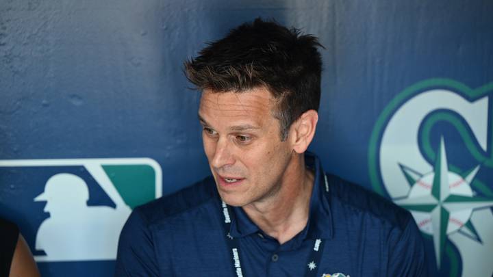 Aug 1, 2023; Seattle, Washington, USA; Seattle Mariners President of Baseball Operations Jerry Dipoto talks with the media prior to the game against the Boston Red Sox at T-Mobile Park. Mandatory Credit: Steven Bisig-USA TODAY Sports