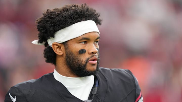 Oct 5, 2025; Glendale, Arizona, USA; Arizona Cardinals quarterback Kyler Murray (1) warms up before their game against the Tennessee Titans at State Farm Stadium. Mandatory Credit: Joe Camporeale-Imagn Images