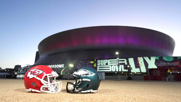 Feb 7, 2025; New Orleans, LA, USA; A general overall view of Kansas City Chiefs and Philadelphia Eagles helmets at the Caesars Superdome, the site of the Super Bowl LIX between the Kansas City Chiefs and the Philadelphia Eagles. Mandatory Credit: Kirby Lee-Imagn Images