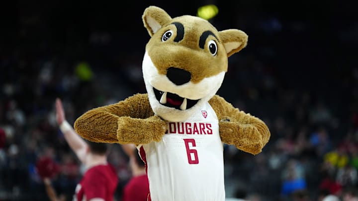 Mar 14, 2024; Las Vegas, NV, USA; Washington State Cougars mascot Butch during the game against the Stanford Cardinal at T-Mobile Arena. Mandatory Credit: Kirby Lee-Imagn Images Mar 14, 2024; Las Vegas, NV, USA; Washington State Cougars mascot Butch during the game against the Stanford Cardinal at T-Mobile Arena. Mandatory Credit: Kirby Lee-Imagn Images