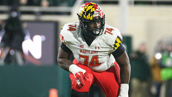 Nov 13, 2021; East Lansing, Michigan, USA; Maryland Terrapins offensive lineman Delmar Glaze (74)