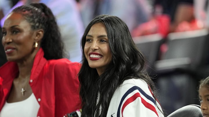Aug 11, 2024; Paris, France; Vanessa Bryant looks on before the women's gold medal game between France and the United States during the Paris 2024 Olympic Summer Games at Accor Arena.