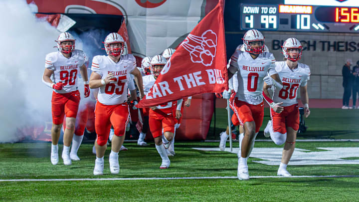 The Bellville Brahmas run onto the field in a game against the Silsbee Tigers on Nov 22, 2024.
