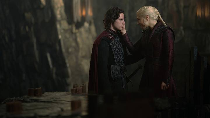 Harry Collett (Jacaerys Velaryon) and Emma D'Arcy (Rhaenyra Targaryen) in House of the Dragon season 3. Photograph by Ollie Upton/HBO. Harry Collett (Jacaerys Velaryon) and Emma D'Arcy (Rhaenyra Targaryen) in House of the Dragon season 3. Photograph by Ollie Upton/HBO.