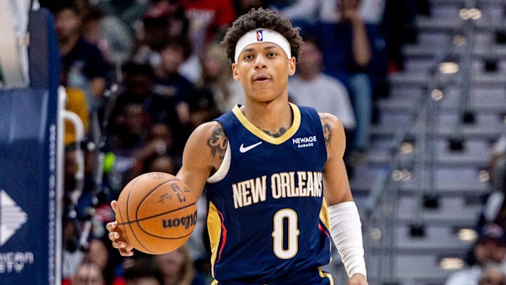 Oct 24, 2025; New Orleans, Louisiana, USA; New Orleans Pelicans guard Jeremiah Fears (0) brings the ball up court against the San Antonio Spurs during the second half at Smoothie King Center. Oct 24, 2025; New Orleans, Louisiana, USA; New Orleans Pelicans guard Jeremiah Fears (0) brings the ball up court against the San Antonio Spurs during the second half at Smoothie King Center.