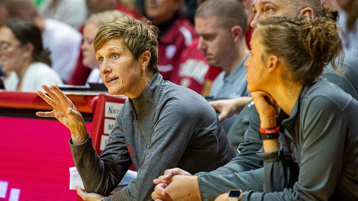 Indiana Head Coach Teri Moren instructs her team during the Indiana versus Brown women's basketball game at Simon Skjodt Assembly Hall on Monday, Nov. 4, 2024. Indiana Head Coach Teri Moren instructs her team during the Indiana versus Brown women's basketball game at Simon Skjodt Assembly Hall on Monday, Nov. 4, 2024.