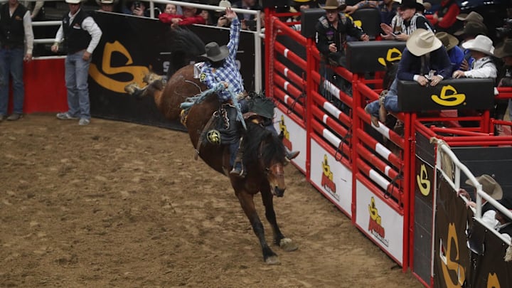 A saddle bronc rider at the San Antonio Stock Show and Rodeo